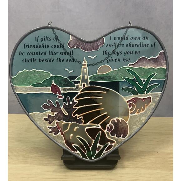 Joan Baker Painted Stain Glass Style Suncatcher Hanging Heart Lighthouse Beach - Picture 1 of 9